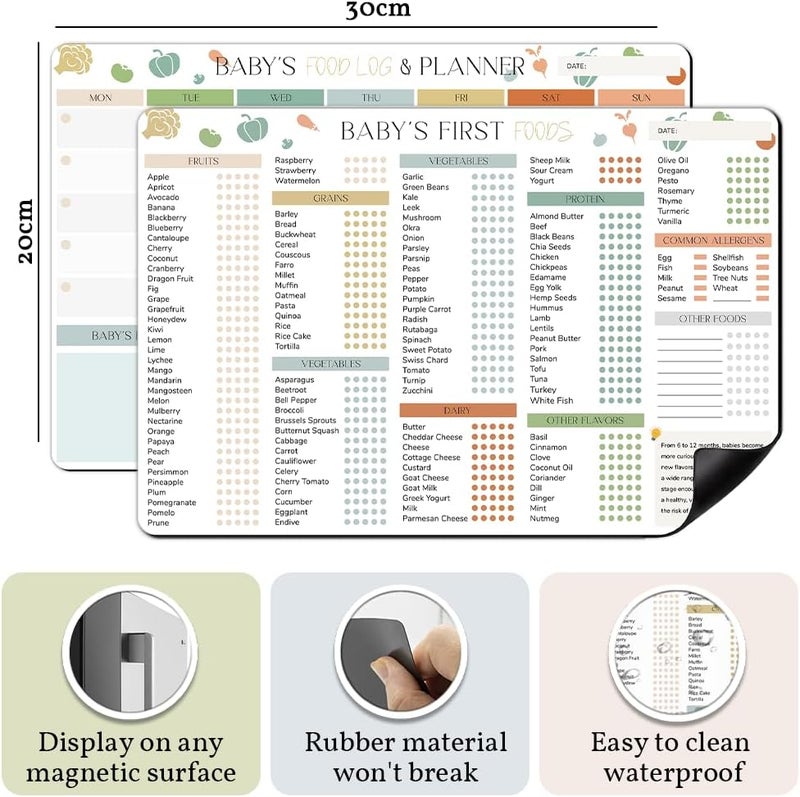 BIROYAL 2 Pack Baby First Food Checklist, Baby First Foods Tracker Fridge Magnet & Daily Food Log Meal Planner, 12"x8" Dry Erase Baby Foods Chart, 101 Foods Before 1 Checklist Magnet - Image 2